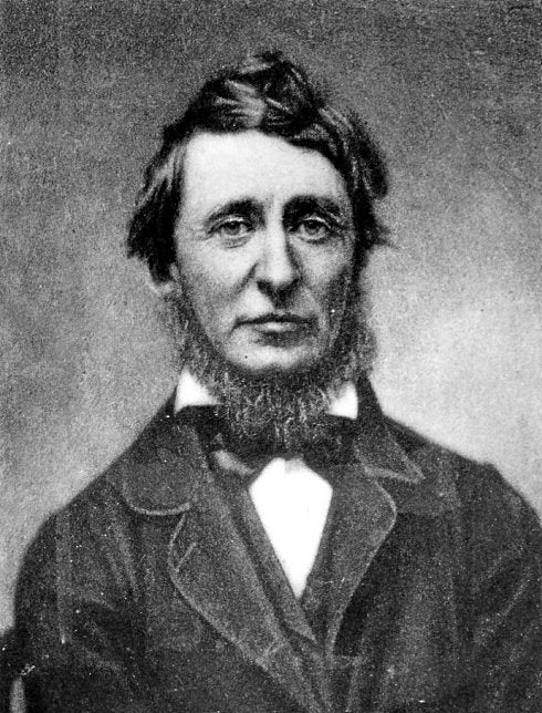 Retrato de Thoreau y, debajo, su cabaña.