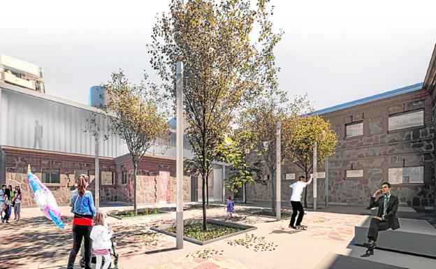 Vista del patio de acceso al auditorio, recuperado para los ciudadanos; en la imagen inferior, fachada norte o posterior de la Cárcel Vieja que albergará el centro sociocultural./I. H. ARQUITECTOS