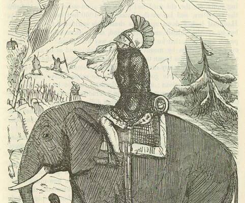 Aníbal cruzando los Alpes, dibujo de John Leech (1850).