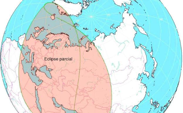 Zona donde será visible el eclipse parcial de sol.