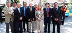Representantes municipales con los alcaldes de Cieza, Antonio Tamayo; Mula, Diego Cervantes; y Bullas, Esteban Egea, el director general de Emergencias, Luis Gestoso, y la consejera de Presidencia, María Pedro Reverte. / CARMEN CEBRIÁN / AGM/