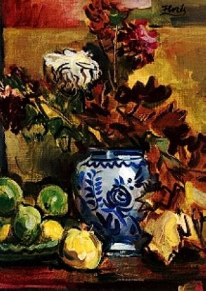 Bodegón con frutas y flores./