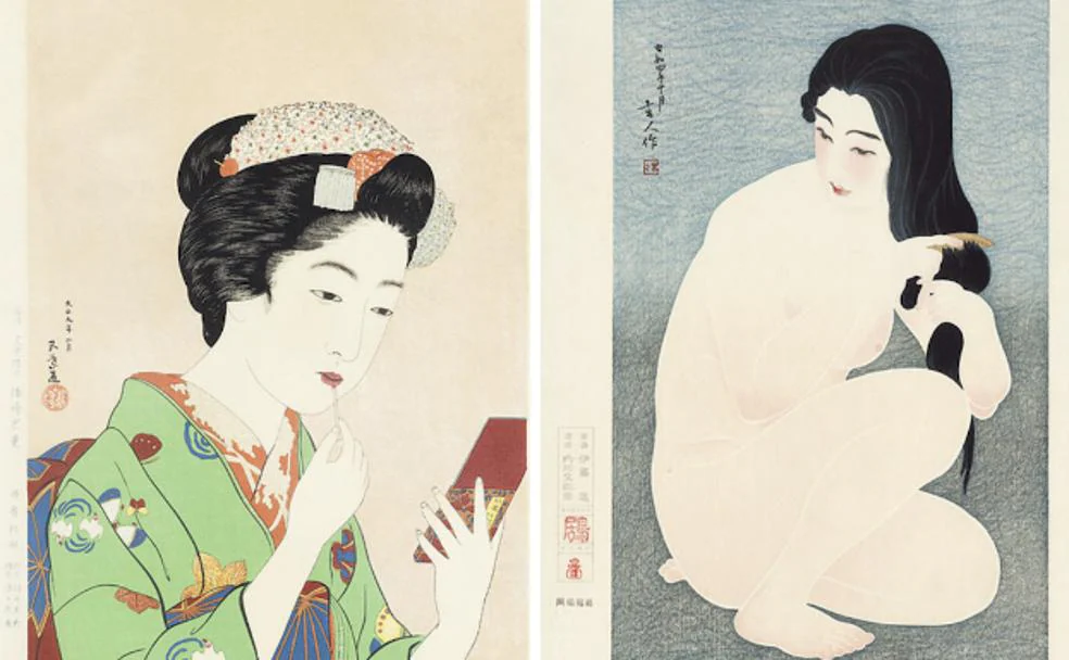'Beauty applying lipstick' (belleza pintándose los labios), de Goyo Hashiguchi, y 'Nude combing hair' (desnuda peinándose), de Torii Kotondo. /