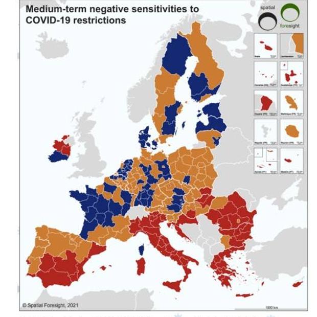 Map of the regions likely to suffer a negative economic effect in the medium term.