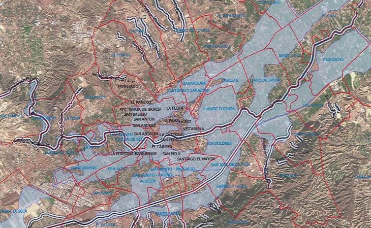 Mapa de zonas de flujo preferente en el muncipio de Murcia.