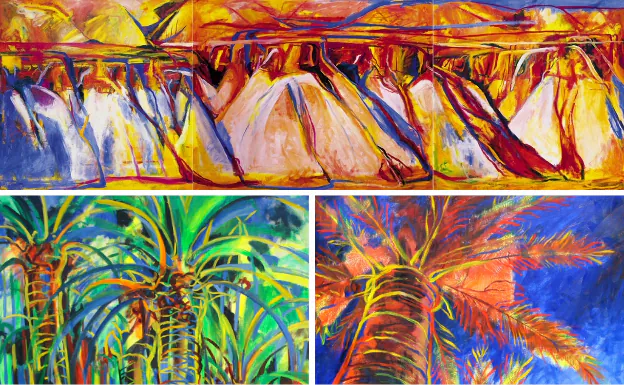 Triptych of the Ramblas de Mazarrón painted by Francisca Muñoz and Manuel Herrera.  One of the works in the Mazarrón exhibition.  Another of the works, in which palm trees also appear. 