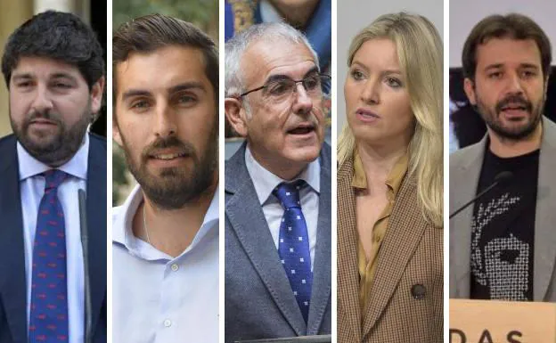López Miras (PP), Antelo (Vox), Martínez Baños (PSOE), Martínez Vidal (Cs) and Sánchez Serna (UP).
