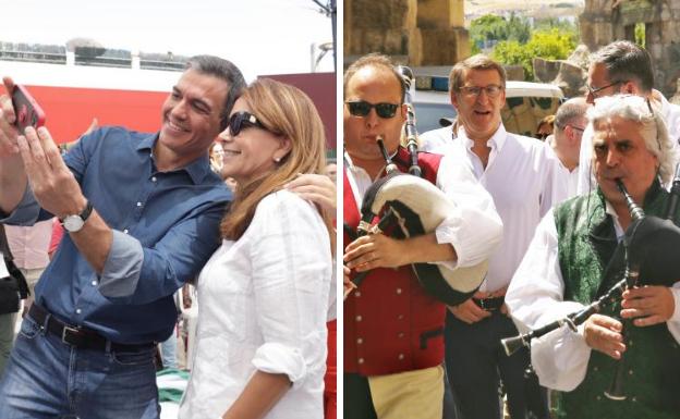 1. Sánchez is photographed with a socialist sympathizer in Malaga.  2. Feijóo, received by pipers in Córdoba. 