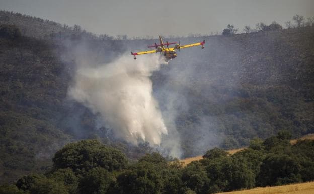 A seaplane works on the Malagón fire. 