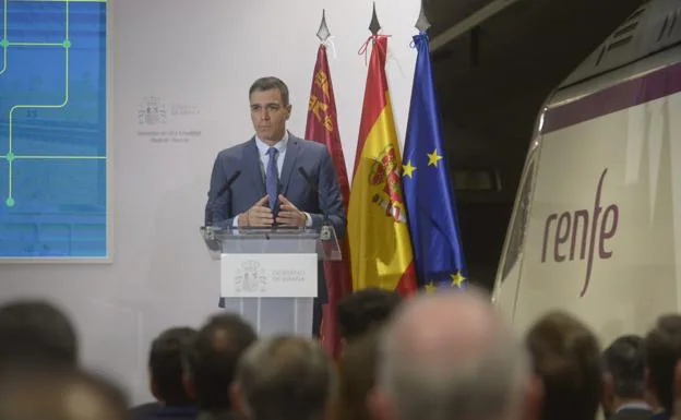Pedro Sánchez, during his speech at the opening ceremony of the Madrid-Murcia AVE line, this Monday.