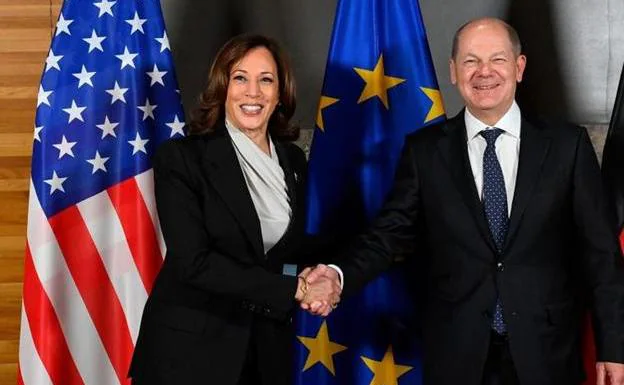 Kamala Harris and Olaf Scholz shake hands at the start of the Munich Security Conference
